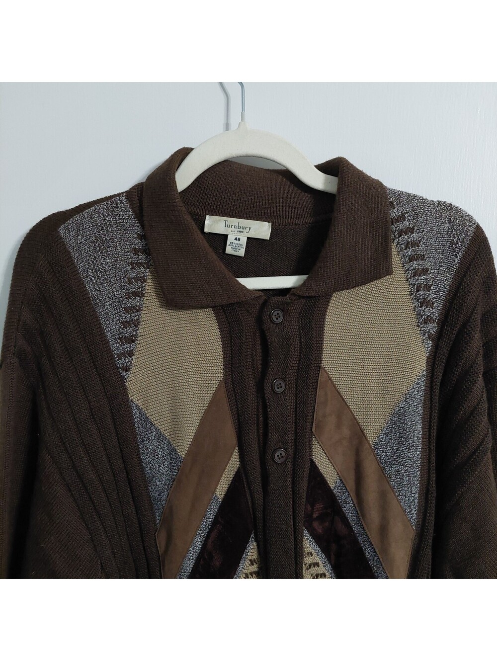 Turnbury Men's Brown Wool Blend Button-Up Sweater with Geometric Pattern